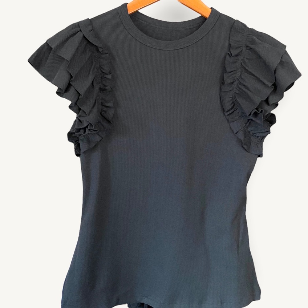 Simply Cute Ruffle Short Sleeve Pull-on Rib Top Black Size Large - Picture 2 of 8